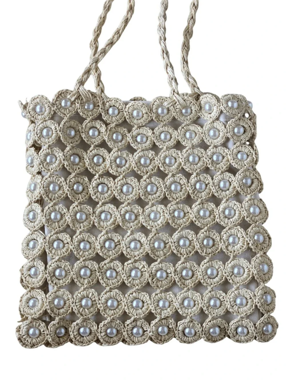 Haute Hippie Knit Crochet Shoulder Bag Pearl Accents Neutral Boho Chic